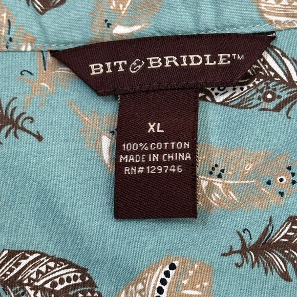 Bit & Bridle Women Teal Feather Print Pintuck Boho Blouse Top X-Large Cow Girl - Picture 12 of 13